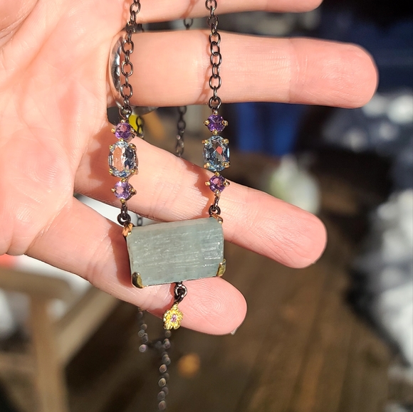 Aquamarine RAW 14k Amethyst &Topaz Sterling rhodium & gold necklace 18" - Picture 10 of 10